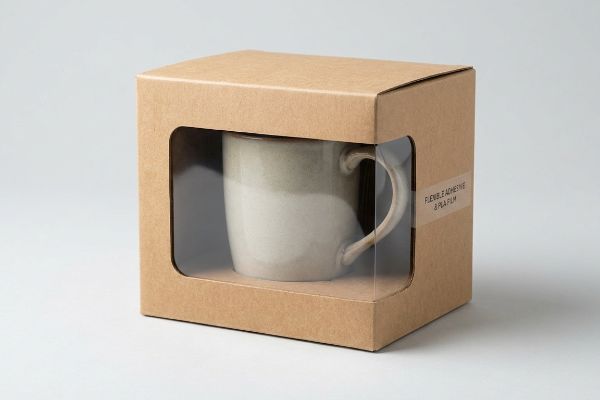 Kraft paper showcase box with a clear window displaying a two-tone ceramic mug and a label for Flexible Adhesive & Pla Film.