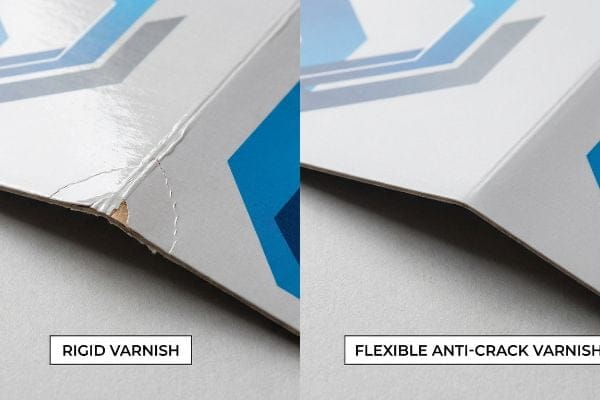 Close-up comparison of a cracked Rigid Varnish on folded paperboard versus a smooth, unblemished Flexible Anti-Crack Varnish.