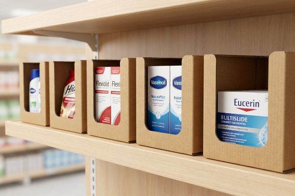 Retail-ready kraft cardboard trays neatly organize health and beauty products including Flexidet, Vaselinoll Naturkraft, and Eucerin Bultislide on a light wooden store shelf.
