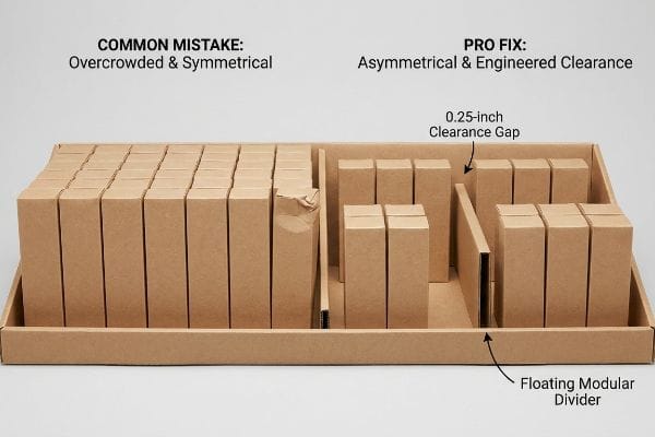 Merchandising Fix Comparison Cardboard display compares Overcrowded Common Mistake to Asymmetrical Pro Fix, highlighting 0.25-inch clearance and Floating Modular Divider.