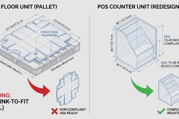 Non-Compliant Floor Unit (Gma 48x40 Inch pallet) versus Redesigned Ada Compliant Pos Counter Unit (15-48 Inch reach).