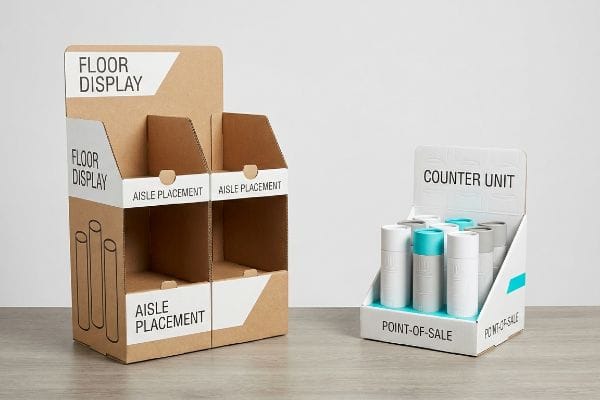 Corrugated brown floor display for aisle placement and white counter unit labeled 'Point-Of-Sale' with white and turquoise products.