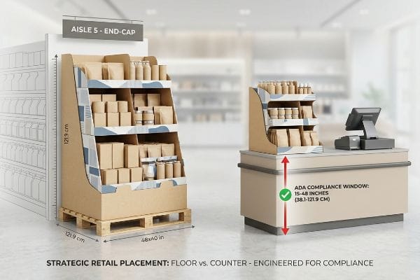 Deux présentoirs de vente au détail en carton ondulé : un présentoir de sol d'extrémité d'allée 5 (48 x 40 pouces) sur une palette et un présentoir de comptoir conforme aux normes ADA (15 à 48 pouces).