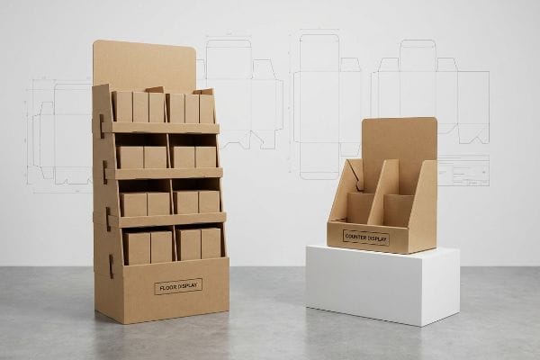 Floor Counter POP Displays Natural brown corrugated cardboard floor display and counter display, with packaging die-lines in the background, illustrating Point-of-Purchase engineering.