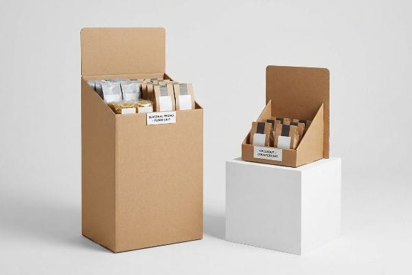 Natural kraft corrugated floor display and counter unit, both filled with products, labeled
