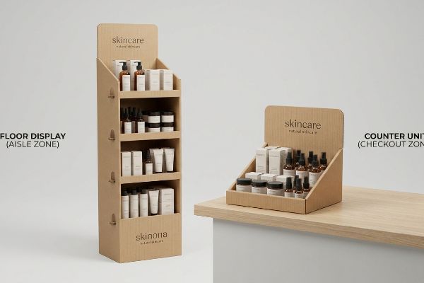 Corrugated cardboard Floor Display (Aisle Zone) and Counter Unit (Checkout Zone) for Skincare Natural Skincare products.