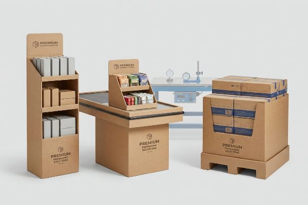 Three corrugated cardboard retail displays by Premium Packaging Solutions: a floor unit, counter unit, and pallet merchandiser, in a product testing lab.