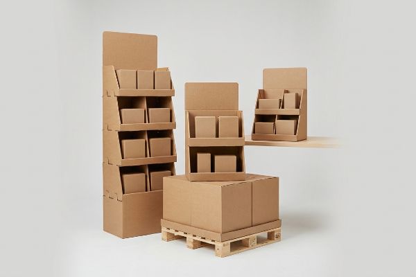 Kraft cardboard POP displays: a tall floor merchandiser, two countertop units, and a pallet configuration with boxes.