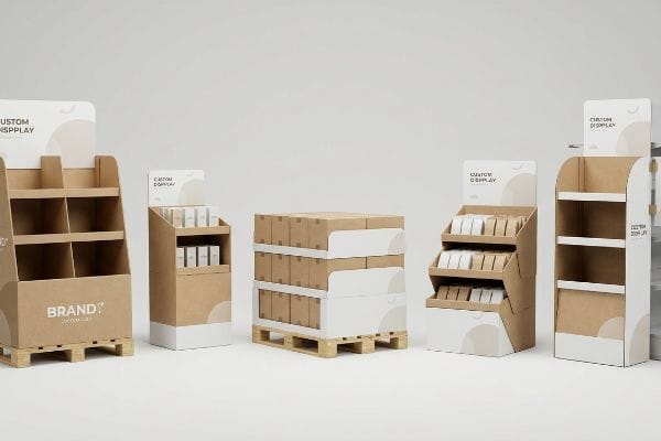 Natural kraft cardboard retail displays, featuring a floor unit, two countertop displays, a pallet stack, and a sidekick, all with 'Custom Display' branding.