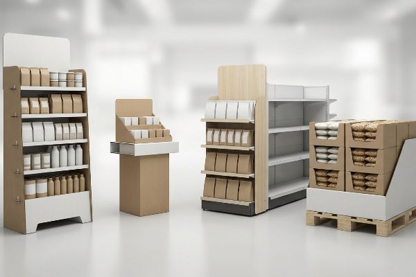 A retail store features cardboard floor stands, a counter unit, wood-grain end-cap shelving, and a pallet merchandiser on a wooden pallet.
