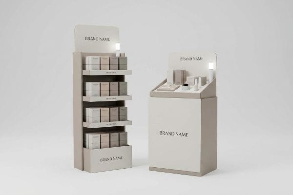 Retail POP Displays Elegant retail POP displays, a tall multi-shelf unit with boxed products and a counter-top display with individual items, both featuring 'Brand Name' in neutral tones.