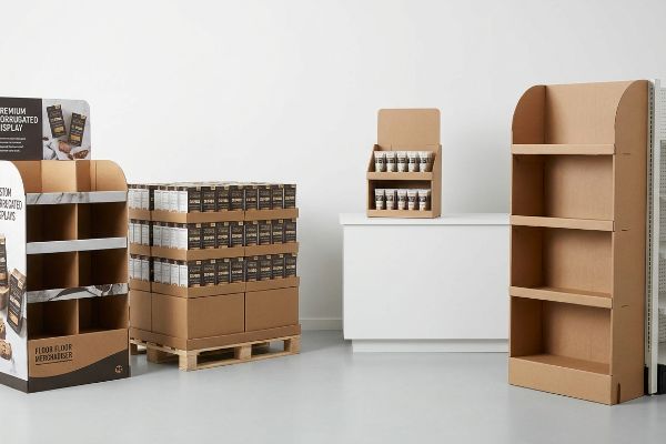 Présentoirs en carton ondulé : un présentoir de sol en carton ondulé de qualité supérieure, des boîtes palettisées et un présentoir de comptoir avec des produits.