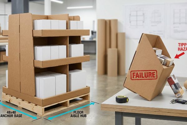 Stable 48x40 Anchor Base floor display versus failing countertop unit with 'Failure' and 'Tipping Hazard' stamps.