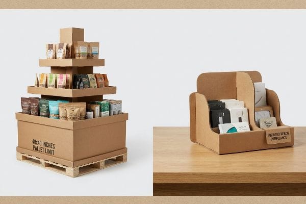 Brown corrugated cardboard multi-tiered floor display on a wooden pallet, stocked with packaged goods, showing '48x40 Inches Pallet Limit'.