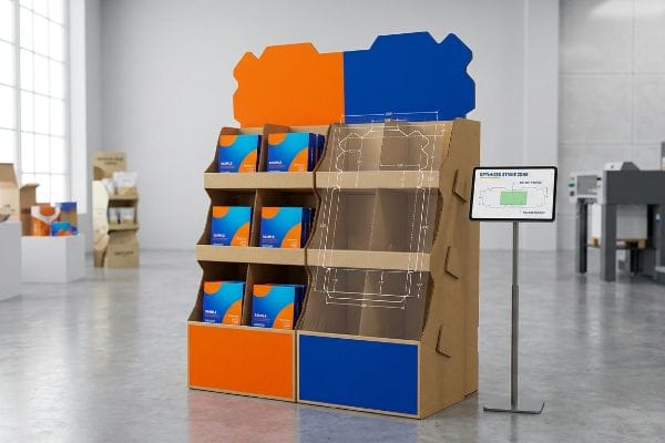 A corrugated floor display with orange and blue die-cut profiles, showcasing product samples and a transparent overlay detailing an Optimized Strike Zone for structural execution.