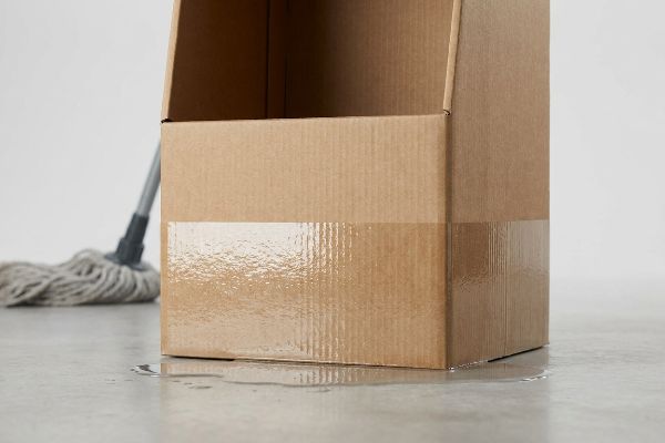 Brown corrugated cardboard box with a glossy poly-coat barrier at its base, preventing moisture wicking from pooled water on a wet floor.
