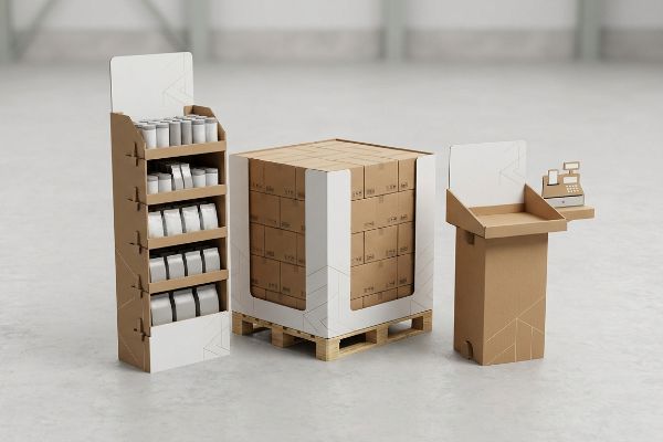 Cardboard display units including a freestanding floor display, a pallet display with boxes, and a countertop merchandiser with a cash register.