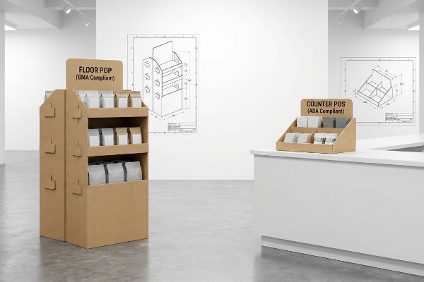 Natural kraft cardboard Floor Pop (GMA Compliant) and Counter Pos (ADA Compliant) displays, made from 32ECT virgin kraft board, with blueprints.
