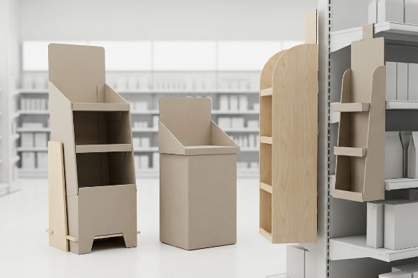 Various empty retail POP displays, including a corrugated cardboard floor stand, a countertop bin, and wooden sidekick units, set against blurred store shelves.
