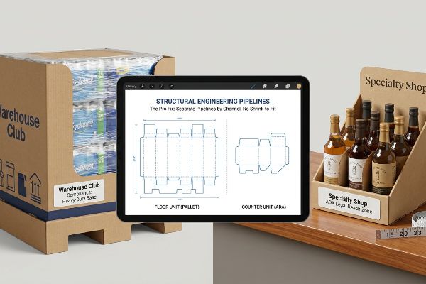 Corrugated cardboard displays for a Warehouse Club with a heavy-duty base and a Specialty Shop, alongside a tablet showing Structural Engineering Pipelines for Floor Unit (Pallet) and Counter Unit (ADA) compliance.