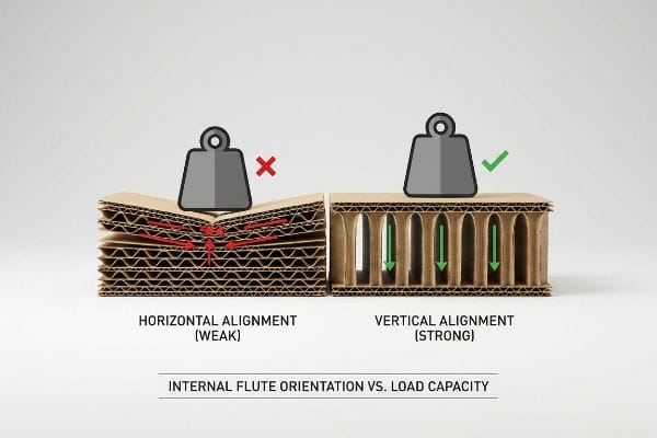 Corrugated cardboard flute orientation: weak horizontal vs. strong vertical alignment for load capacity.