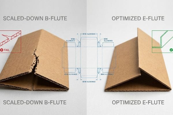 Corrugated board comparison: Scaled-Down B-Flute cracked fold, Optimized E-Flute clean bend, with dieline bend allowances.