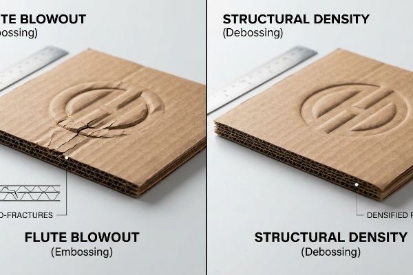 Corrugated board comparison: Flute Blowout from Embossing shows Micro-Fractures, while Structural Density from Debossing reveals Densified Flutes.