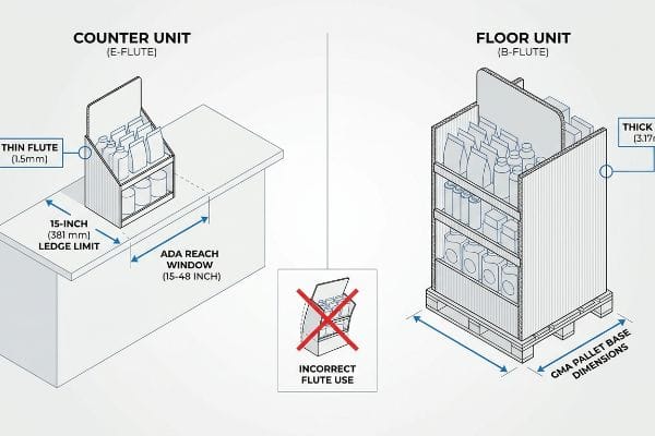 E-Flute Counter Unit (1.5mm) for ADA and B-Flute Floor Unit (3.17mm) for GMA, detailing incorrect flute use.
