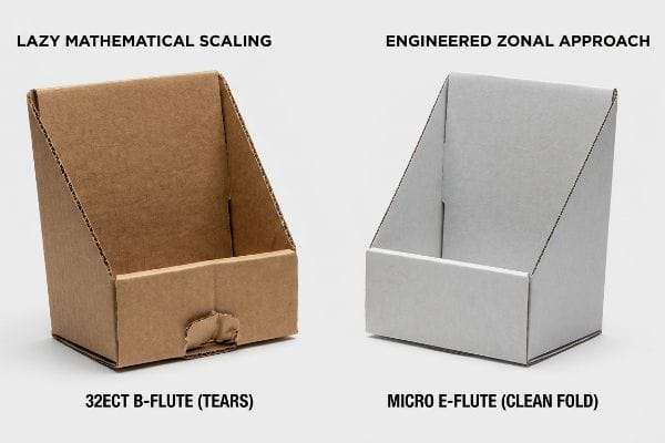 Brown 32ECT B-flute cardboard display with visible tears from Lazy Mathematical Scaling next to a grey Micro E-flute display with a clean fold from an Engineered Zonal Approach.