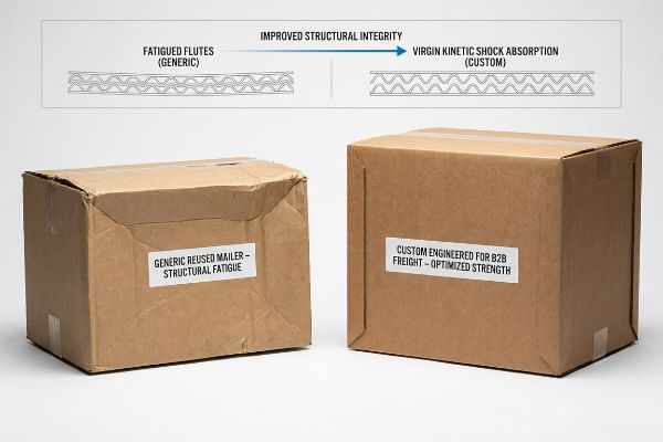 Fatigued generic mailer vs. custom B2B freight box, highlighting virgin kinetic shock absorption.
