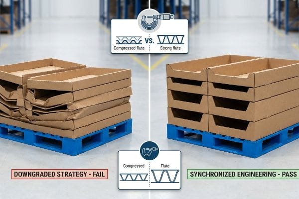 Corrugated trays on blue pallets, contrasting crushed 'Downgraded Strategy - Fail' with intact 'Synchronized Engineering - Pass', featuring micrometer icons comparing compressed and strong flutes.