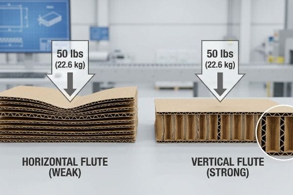 Corrugated cardboard comparison: horizontal flutes buckle under 50 lbs (22.6 kg), while vertical flutes show strong compression resistance.