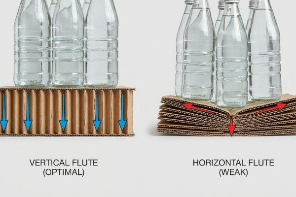 段ボールは、ボトル入り飲料水を支える青い矢印で示される最適な垂直フルートの向きを示しているのに対し、荷重がかかると水平フルート構造は弱くなり、座屈している様子が赤い応力矢印で示されている。.