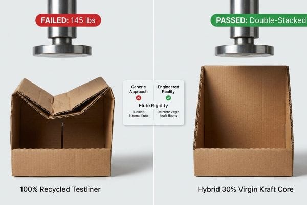 A side-by-side comparison shows a 100% Recycled Testliner box failing at 145 lbs and a Hybrid 30% Virgin Kraft Core box passing double-stacked compression, demonstrating Flute Rigidity.