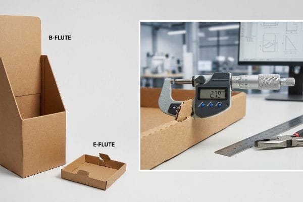 Corrugated Flute Thickness Natural brown corrugated cardboard displays, featuring a B-Flute stand and E-Flute tray, with a micrometer measuring 2.79mm board thickness.