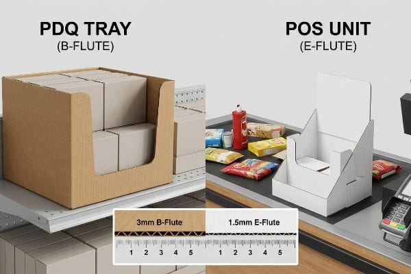 Corrugated cardboard displays, a 3mm B-Flute PDQ Tray filled with boxes on a shelf, and a 1.5mm E-Flute POS Unit on a checkout counter with snacks.