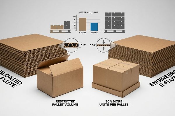 Corrugated C-Flute (0.16-inch) and E-Flute (0.06-inch) boards compared, demonstrating E-Flute's 30% More Units Per Pallet.
