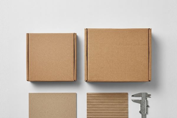 An overhead view displays two brown cardboard boxes, a flat chipboard sheet, and fluted corrugated board with a caliper for material selection.