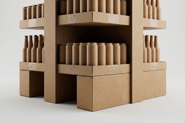 Corrugated Beverage Display A sturdy retail display made from high-density fluted corrugated board holds rows of unlabelled brown beverage bottles and cans, showcasing robust packaging for heavy liquid products.