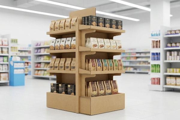 Brown fluted paperboard corrugated display, a multi-tiered retail merchandiser, showcasing diverse packaged goods in a supermarket aisle.