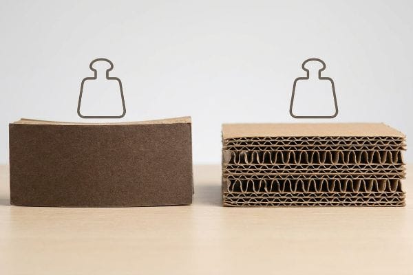Brown solid chipboard contrasted with multi-layered corrugated cardboard showing internal fluted architecture.