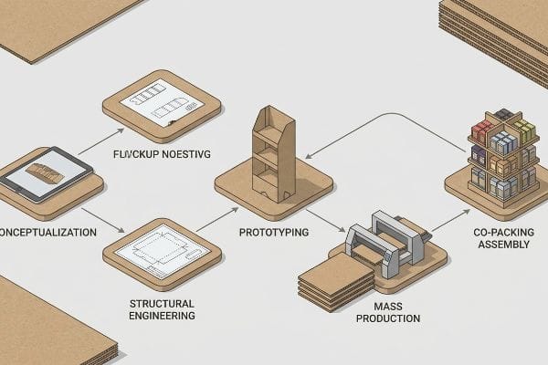 A flowchart illustrates the custom floor display creation process: Conceptualization, Structural Engineering, Fluvckup Noestivg, Prototyping, Mass Production, and Co-Packing Assembly.