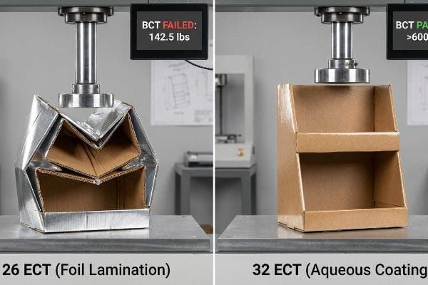 Crumpled 26 ECT foil laminated corrugated display failing Box Compression Test at 142.5 lbs next to an intact 32 ECT aqueous coated display passing BCT >600 lbs.