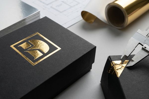 Gold foil logo on black paperboard box, caliper measuring cracked foil on structural corner, showing foil stamping tension.