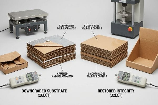 Crushed 26ECT corrugated foil laminated board contrasted with a 32ECT smooth gloss aqueous coated board, demonstrating restored integrity and force gauge readings.