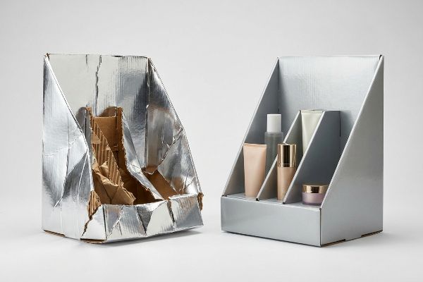 Crumpled silver foil cardboard display revealing brown fluting, contrasting with a sturdy silver cosmetic display holding beauty products.