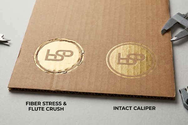 Corrugated cardboard displays two gold foil stamps: one with Fiber Stress & Flute Crush, the other an Intact Caliper, illustrating hot foiling damage.