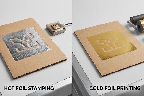 Comparing Hot Foil Stamping's silver foil and metal die on corrugated board with Cold Foil Printing's gold foil and roller.