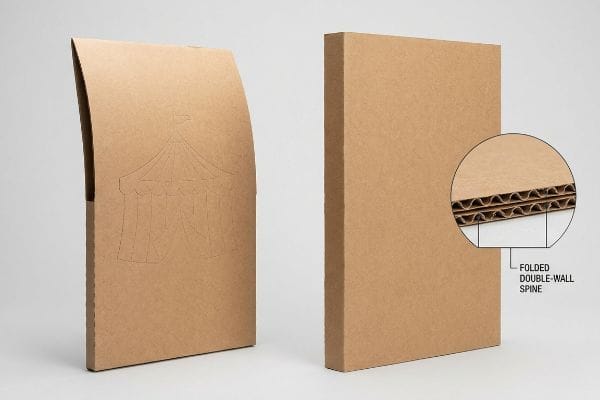 Brown corrugated board shows a die-cut carnival tent and a magnified Folded Double-Wall Spine for structural rigidity.
