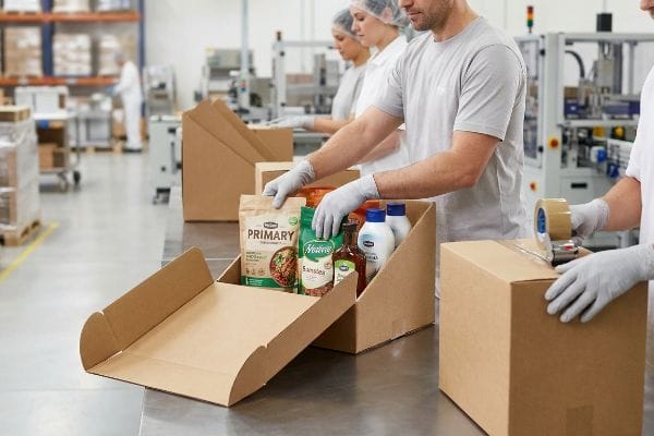 Gloved workers assemble Primary food pouches and Nestlé sauces into cardboard display trays, showcasing efficient contract packaging.